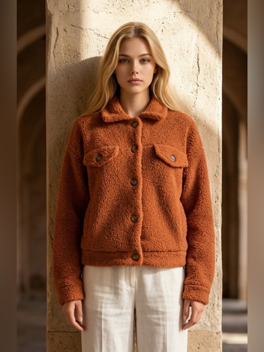 Hippie Rose Rust Teddy Sherpa Button-Up Jacket R1